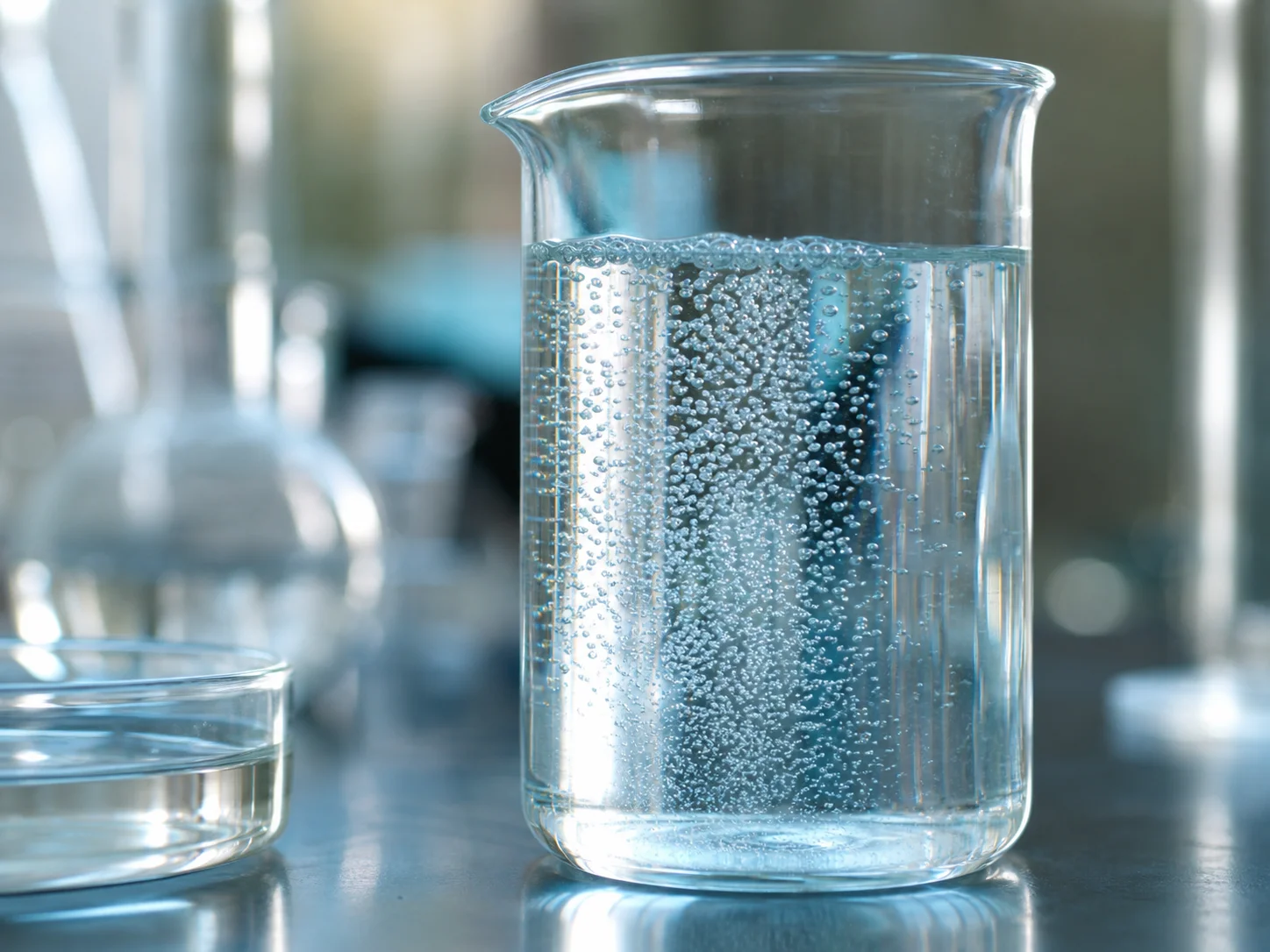 Mikropęcherzyki wodoru w szklanym naczyniu laboratoryjnym